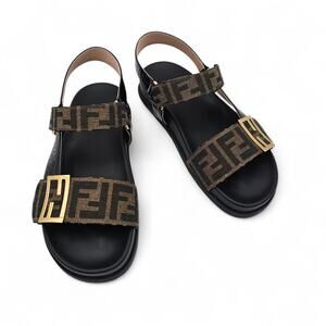 Fendi FF Logo Black Brown Flat Slide Slingback  Strap Dad Sandal Size 39 US 9